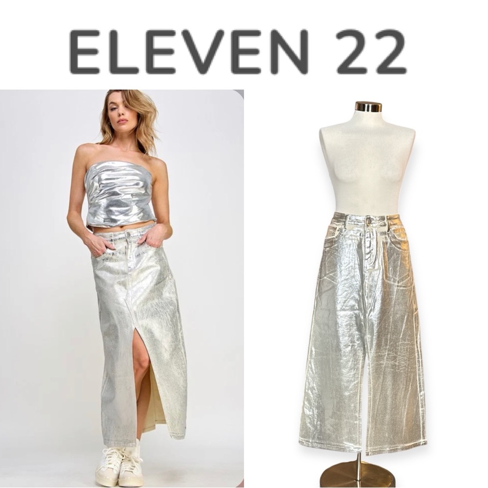 ELEVEN 22 SILVER COATED LIQUID METAL HIGH RISE A LINE STATEMENT MIDI SKIRT